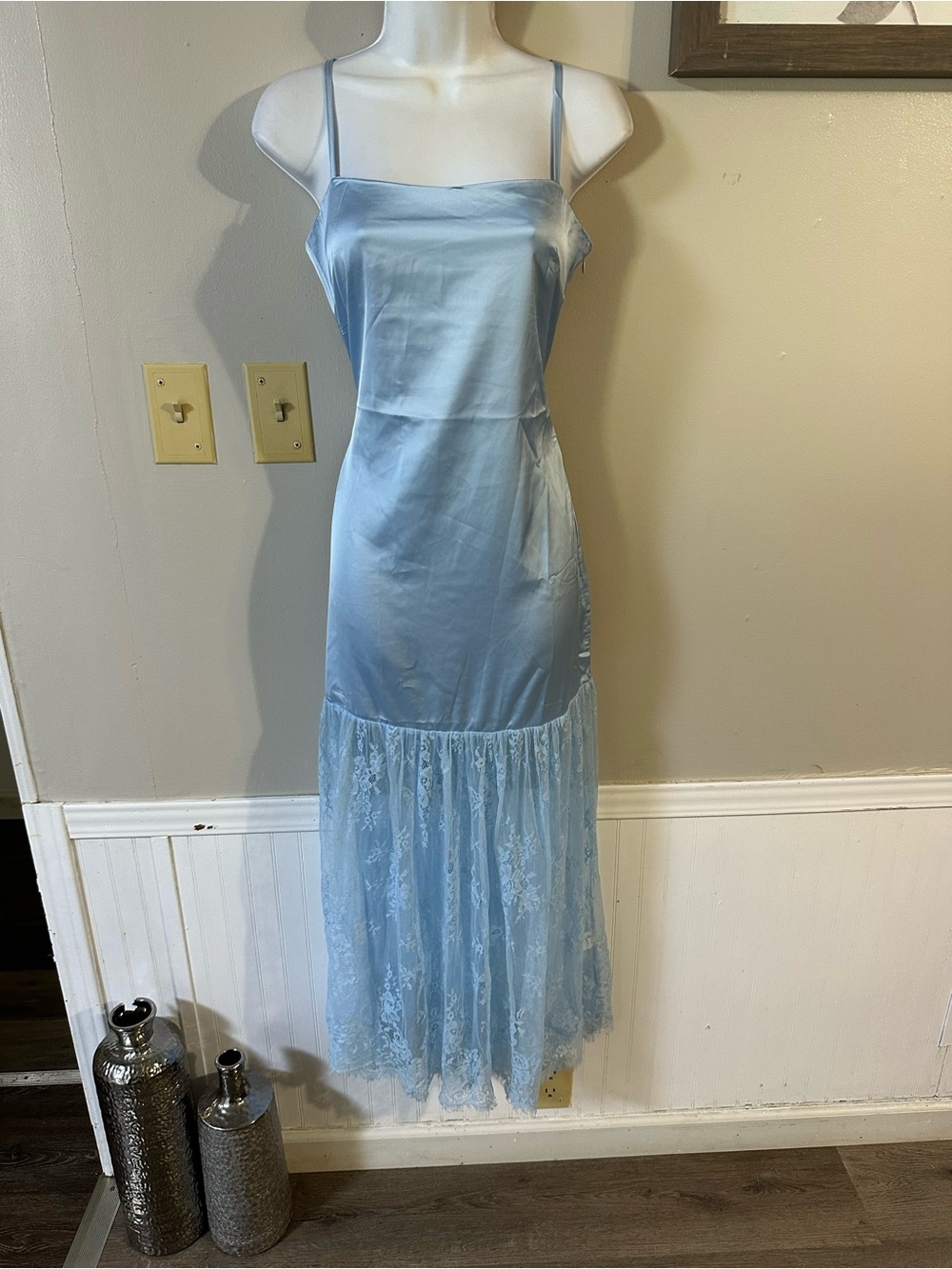 Light Blue Lace-Hem Slip Dress